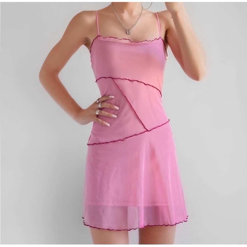 Urban Outfitters Pink Mesh Dress with Crimson Trim XS